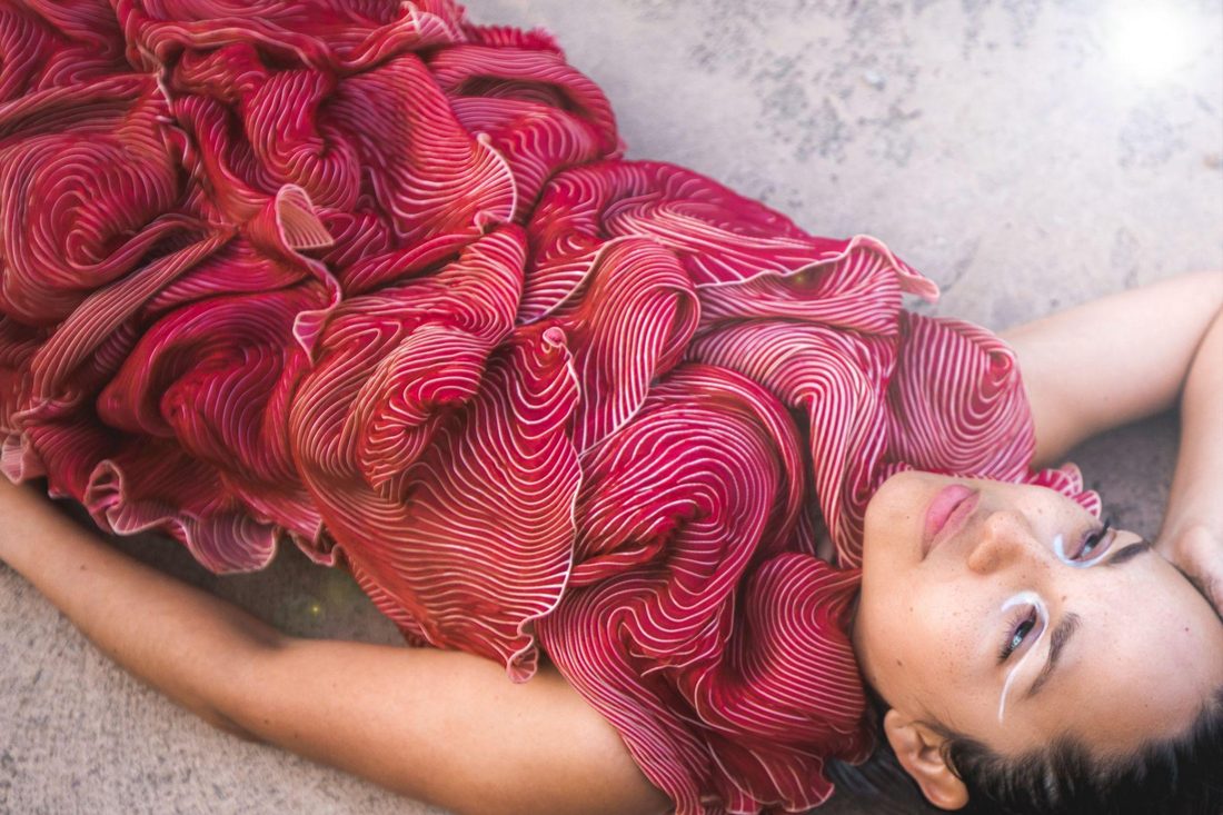 The finished printed look, a garment of concentric printed lines, after 365 hours of work